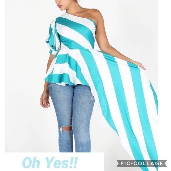 Blu Trends Tops - Ready for 🌞! Aqua Green & White One Shoulder Top